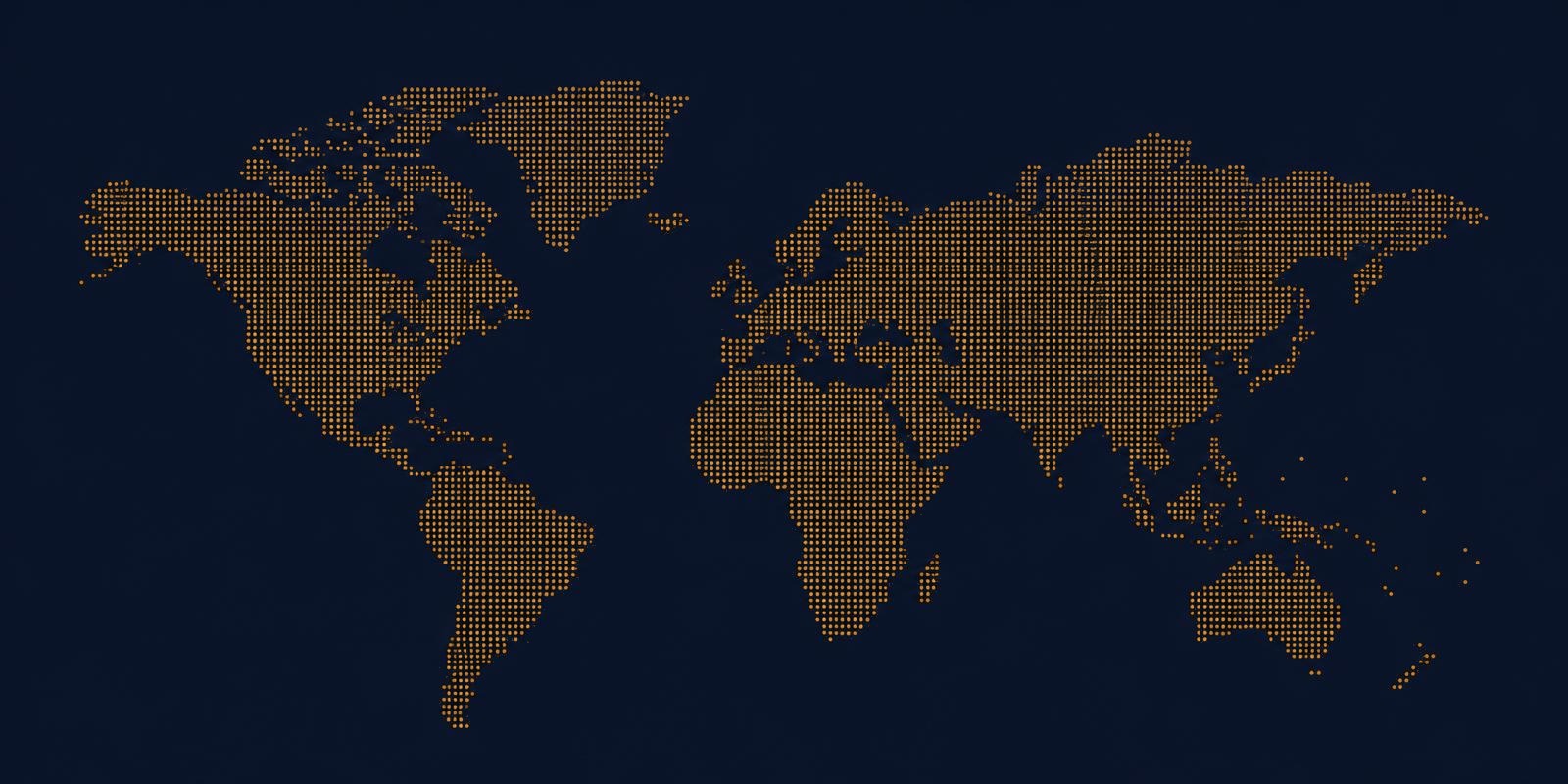 Mappa del mondo a punti con le sedi di Nexor a Nassau, Panama, Dubai e Città del Capo